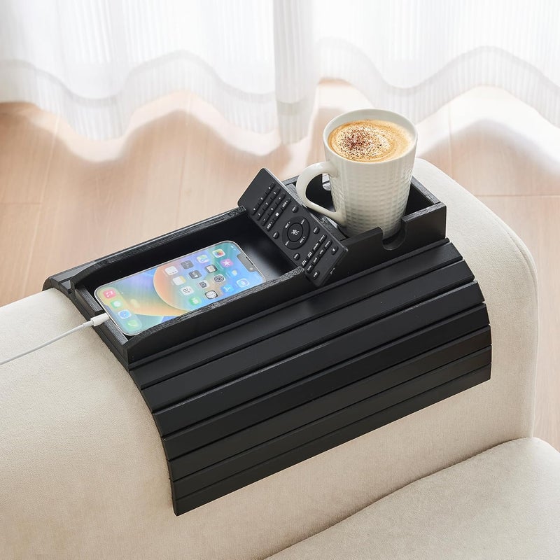 GEHE Bamboo Couch Cup Holder, Anti-Spill Sofa Arm Tray, Natural and Easy to Clean Couch Arm Cup Holder Armrest Tray Perfect for Cups, Beers, Snacks, Remote Control, Drinks - Image 1